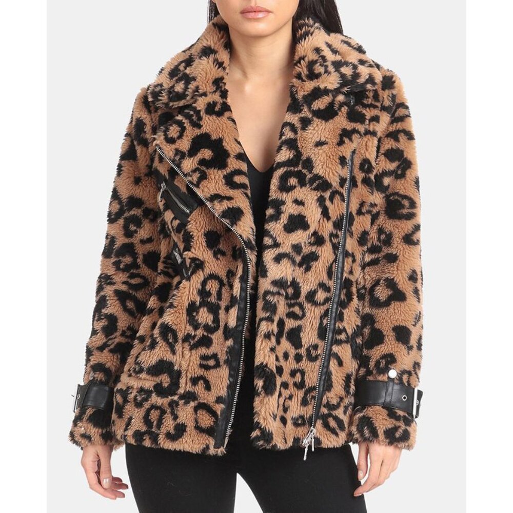 Avec Les Filles leopard faux fur teddy moto jacket XS